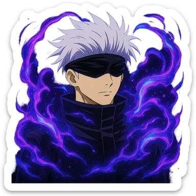 Add Hollow Purple effect with swirling purple and blue energy around Gojo Satoru, keeping his serious expression, in anime style, no background. sticker
