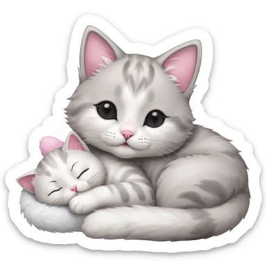 1 grey and white small cat with its eyes closed lying down leaning on its elbow with its paw curled under his head holding it up sticker