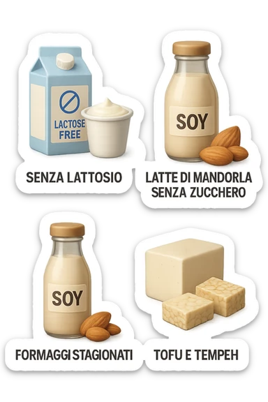 emoji stile iphone 3d di questi elementi che fluttuano in aria:

Latte e yogurt delattosati
Latte di mandorla (non zuccherato)
Latte di soia da proteine isolate
Formaggi stagionati (es. parmigiano)
Tofu compatto e tempeh
 che fluttuano in aria,  le etichette scrivile in italiano, iperealistico 4k sticker