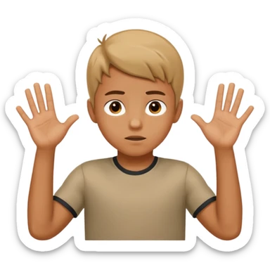 A boy shrugging his shoulder with his hands up with the numbers 6 and 7 on his shoulders sticker