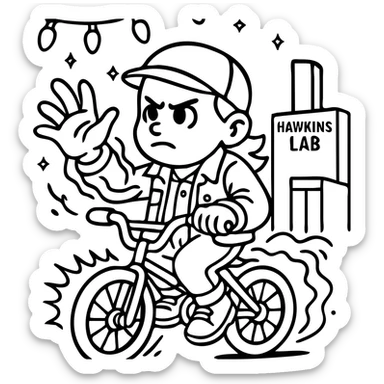 Transform the image into a black and white line art style, ideal for coloring. Keep all details of the Stranger Things character, bicycle, Eleven's powers, Christmas lights, and Hawkins laboratory, but remove all color, leaving only sharp black and white line strokes. sticker