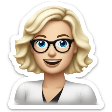 Real margot robbie,  bright blue eyes, wearing black glasses and waving hand sticker