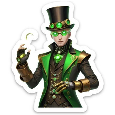Dr. Nyx Oppen is a rogue quantum physicist turned cybernetic oracle in a Steampunk-infused dystopia. He wears a gear-embellished top hat and brass-laced suit, his mechanical gauntlets sparking with arcane energy. A steam-driven monocle glows neon green, and he wields a retrofitted ‘radium vape’—trailing eerie atomic plumes through the city’s clockwork shadows. sticker