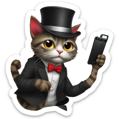Cat with a top hat wearing a suit and tie and black ripped jeans with a fluffy tail and sharp claws and fingerless gloves while holding a red phone sticker