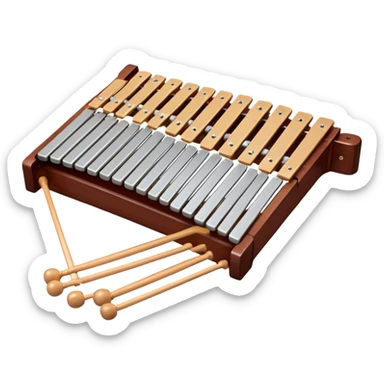 Create a detailed and professional emoji representing a Fleet FLT-SX37 long orchestral wooden xylophone. The design should showcase the large wooden bars of the xylophone, arranged in a traditional setup, with soft metallic accents on the mallets. The bars should have a rich wood texture, with polished details to reflect the quality of the instrument. The mallets should be held above the bars, with the heads clearly visible. Use warm, rich wood tones like mahogany and light brown, with silver or metallic accents for the mallets. Add subtle musical notes floating above the xylophone to emphasize its melodic sound. The background should be transparent. sticker