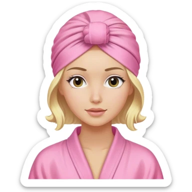 Blonde model wearing a pink robe and shower hair turban, self-care sticker