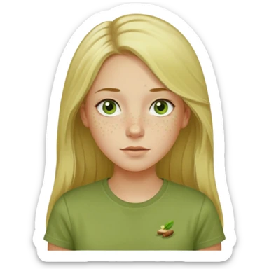 a girl with long blondish hair and greenish eyes and some freckeles wearing a pistacho color t shirt sticker