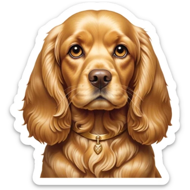 Cinematic Noble Gold Cocker Spaniel Portrait Emoji, Poised and regal, with a medium build and a lustrous, well-groomed golden coat, deep-set soulful brown eyes, Simplified yet sharp and sophisticated features, highly detailed, glowing with a soft, dignified glow, high shine, intelligent and loyal, stylized with an air of elegance, focused and attentive, soft glowing outline, capturing the essence of a watchful and confident companion, so majestic it feels as though it could trot out of the screen with effortless authority! sticker