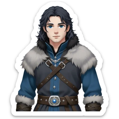 Medieval winter outfit worn by a DnD themed fantasy male character. Heavy charcoal gray wool tunic with black wolf fur lining, embellished with etched silver buttons and a sturdy leather belt with decorative metalwork. Clothes only above the waist, full waist coverage. The character has no arms. Character is white-skinned with jet black hair, steel blue eyes, and shoulder-length wavy hair with snow-kissed strands. sticker