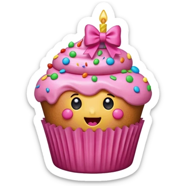 hyper realistic emoji of a bitten cupcake with pink frosting and a small gift bow on top, bitten part showing colorful sprinkles and a surprise inside, clean colorful emoji-style design sticker