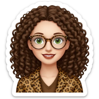 a green eyed woman with very very long brunette curly hair, full lips,and pale skin. She is wearing a leopard printed thin round-ish glasses . She is wearing fully brown clothes. She is gretting smiling sticker