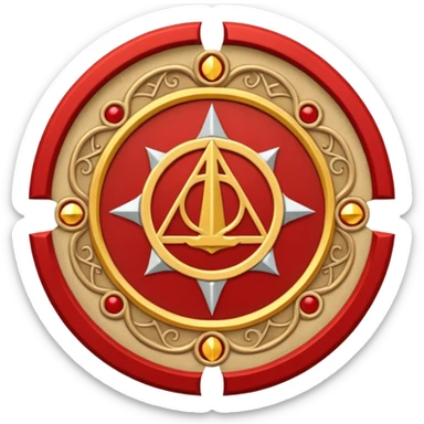 a circular casting sigil inspired by the wizard101 balance school using base color sand and trim color red. A golden scale in the middle as a focus  sticker