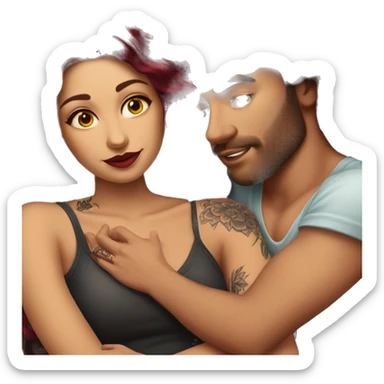 Beautiful tattooed burgundy long haired woman laying on the boyfriends chest sticker