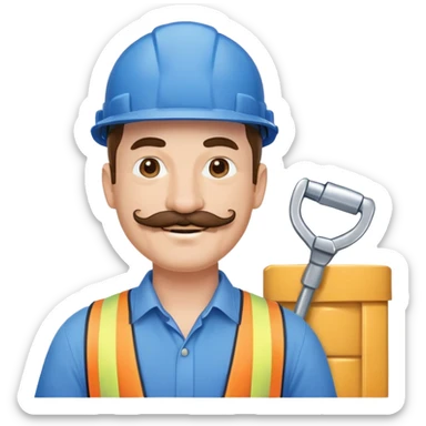 Construction owner, well dressed, blue shirt, mustache, happy sticker