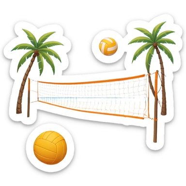 A volleyball resting on the orange sand ground of a beach, with a volleyball net in the background. The scene captures a sunny beach atmosphere with clear blue sea and sky, palm trees swaying, and people in swimsuits enjoying the vibrant surroundings sticker