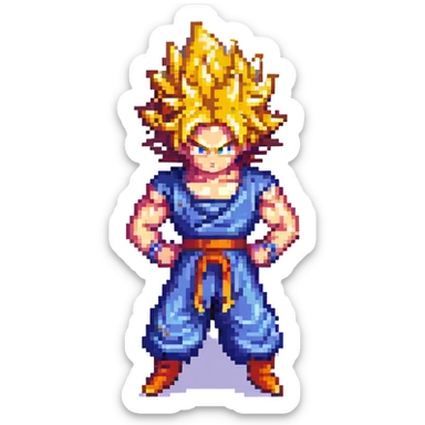 Goku Super Saiyan, golden spiky hair, fierce expression, battle stance, pixel art style sticker