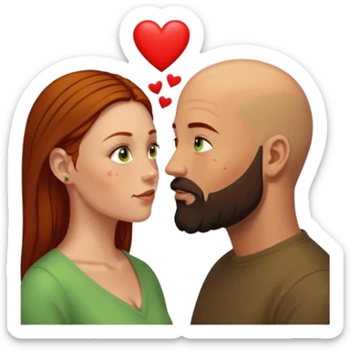 Couple. Bald man with dark brown-black beard. Woman with freckles, white skin and she has auburn-yellow-brown-hair. She has light yellow-green-brown eyes. He have hazel eyes. They look at each other. Many small red hearts around them. sticker