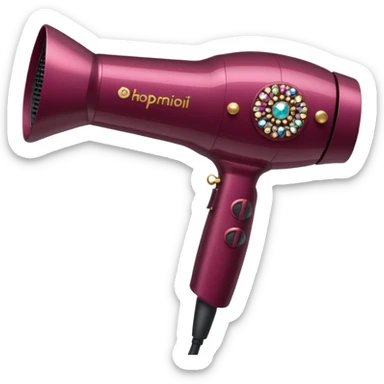 burgundy blow dryer with a ribbon covered in gems sticker
