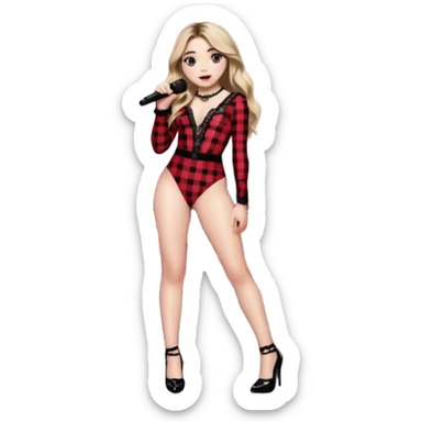 Sabrina carpenter singing at concert wearing a black and red plaid bodysuit a red sheer top over it , a strip of black lace around her leg, black sparkle heels. there is a  huge crowd and light pink stage setting  sticker