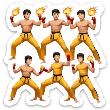 Collage of Arnold Schwarzenegger, Sylvester Stallone, Bruce Lee, and Jackie Chan in intense action poses, surrounded by explosions, martial arts moves, weapons. The design should capture the high energy and heroism of classic action films. Transparent background. sticker