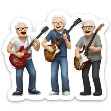 Three white senior musicians jamming one on guitar one on bass and one on cowbell sticker