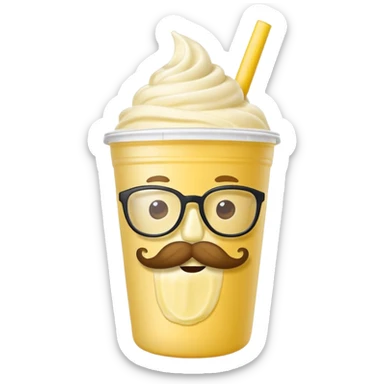 banana milkshake in a take-out cup with mustache and glassess sticker