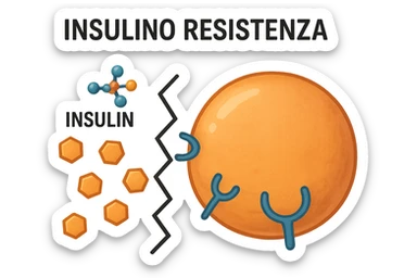 Create a symbolic icon of insulin resistance with no background and a 2:3 aspect ratio. Add the Italian text 'Insulino Resistenza'. Represent insulin, glucose, and a barrier preventing entry into cells, in a realistic style. sticker