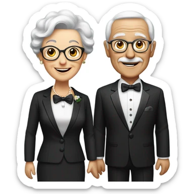 Elderly couple smiling in formal attire, tuxedo, brown hair sticker