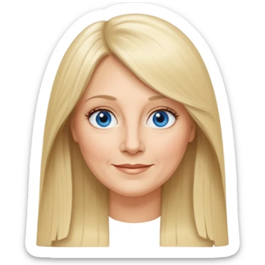 50 yr old white woman, curtain bangs, very long straight blond hair, oval face, small smile, blue eyes, thin face, hair downback, middle part round cheeks, pale, longer hair sticker