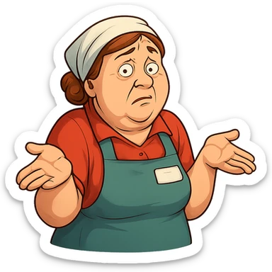 В позе этого мема сгенерируй типичную российскую продавшицу в продуктовом магазине, которая недоуменно разводит руками, слегка рисованный, но при этом объемный стиль, прозрачный фон sticker