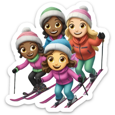 2 pairs of moms and daughters skiing down a mountain on Christmas. 1 daughter and Two of the moms are fair skinned and the other daughter is olive skinned  sticker
