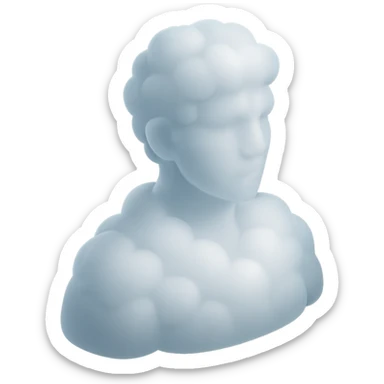 person looking straight, made entirely of white fluffy convex clouds, shoulder up, matte glass style, clouds with soft shadows sticker