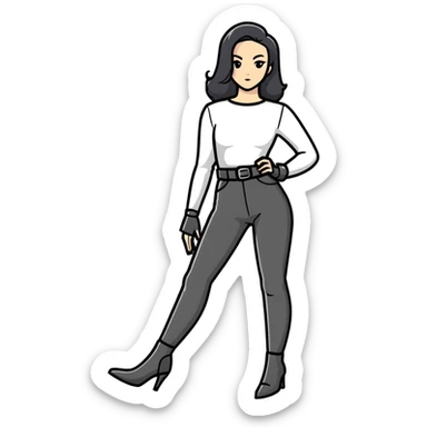 female character with oval-shaped flat-top head wearing tight black pants and black medieval high-heeled boots sticker
