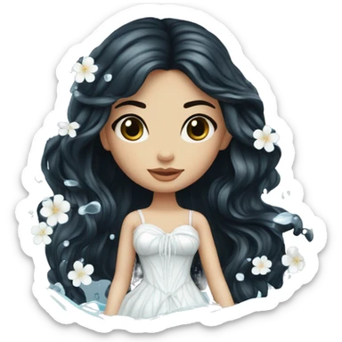 Pretty young Lady doll posing posed pose with long black hair flowers in hair white dress surrounded by flowing water water swirls waves sticker