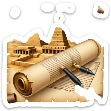 An icon showing a rolled parchment scroll, a quill pen, and ancient landmarks like pyramids and columns in the background. The design symbolizes the study of past civilizations, events, and heritage. Transparent background emphasizes the timeless exploration of human history. sticker