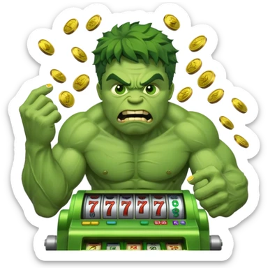 disheveled hulk losing money at a slot machine, panicked face, coins flying sticker