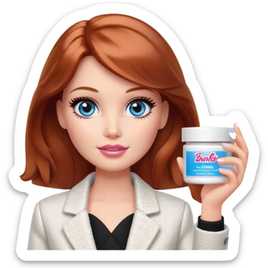 A Barbie girl with blue eyes, shoulder-length reddish-brown hair with makeup, wearing a white tweed jacket and a black skirt, holds a face cream in her hand sticker