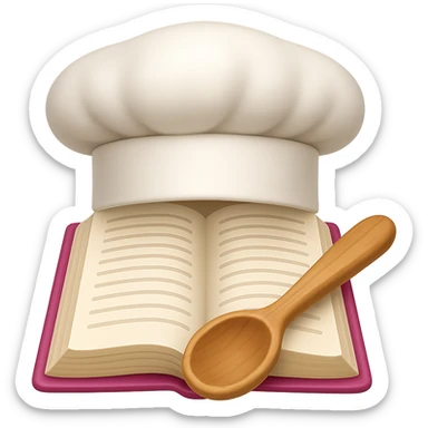 Create an emoji style image of a chef hat on top of a cookbook with a wooden spoon. The style should resemble apple style emojis with clear, concise details and vibrant colors. sticker