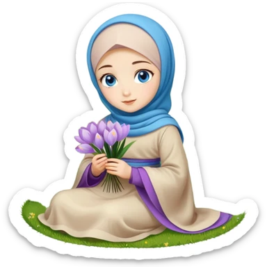 Turkish beautiful finish Konya girl blue eyes with crocus flower hijab long tail dress and sits on the grass on the ground and hold crocus flower on hand  sticker