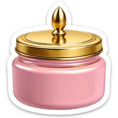 Una miniatura fotorrealista de un tarro de mantequilla corporal elegante, con una tapa dorada brillante. Una sola moneda de oro, pequeña y sutil, reposa al lado del tarro. Iluminación suave de estudio. Colores: rosa, terracota y dorado. Estilo: lujo en miniatura. sticker