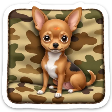Min-Pin Chihuahua resting on a camo blanket, tiny paws visible sticker