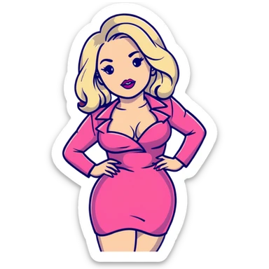 gorgeous woman with platinum wavy blonde hair with big puffy pouting burgundy lips, makeup, wearing a pink leather dress with cleavage, swaying her hips sticker