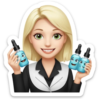 A smiling beautician with cold fake smile, calculating eyes, pointing at your cheek while holding 5 expensive serum bottle. predatory vibe.A face with a fake sweet smile, but the face is slowly consumed by shadows creeping from below. calculating eyes are visible in the dark sticker