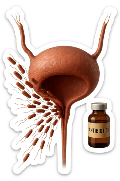 batteri intestinali che migrano ed entrano in una vescica anatomica realistica per infettarla, davanti a lei fluttua una boccetta con la scritta "ANTIBIOTICO", iperrealistico 4k sticker
