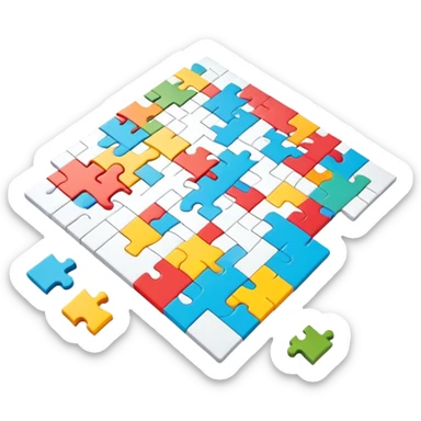 A photorealistic icon with a colorful, fragmented puzzle piece, a crossword magazine, a 3D puzzle, and a partially completed puzzle on a table. Bright, detailed design with realistic lighting. Transparent background, clearly symbolizing puzzles and brain games. sticker