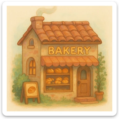 a bakery emoji in studio ghibli style, warm and whimsical, soft painterly look sticker