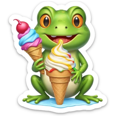 cute frog eating ice cream, happy face, holding a colorful ice cream cone, 3D cartoon, mobile game icon style, bright colors, soft shadows, clean background, no text, no watermark
 sticker