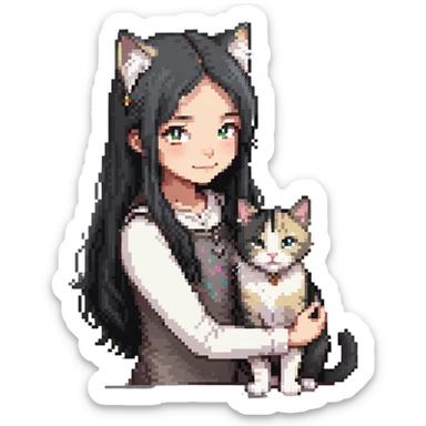 Beautiful girl with long black hair petting a gray and blonde mixed cat sticker