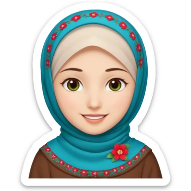 Turkish beautiful finish Konya girl brown eyes white skin with red blue green mini flowers hijab and brown islamic dress and smiles sticker