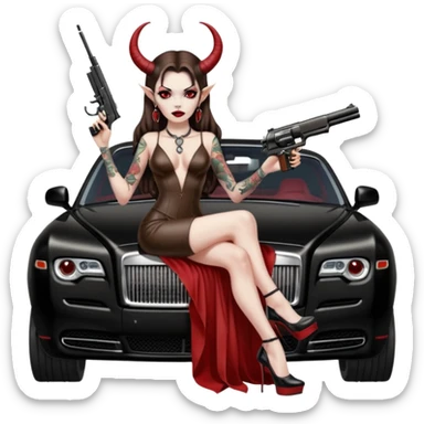 Lilith model red eye sexy black  devil horns.  long brown haired sexy succubus woman with leather long dress slit, sitting on rolls Royce. Wearing Black Platform high heels on feet. Tattoo sleeve arms, dead human skull of her ex skull is on top of stack of cash and a gun in  hand sticker